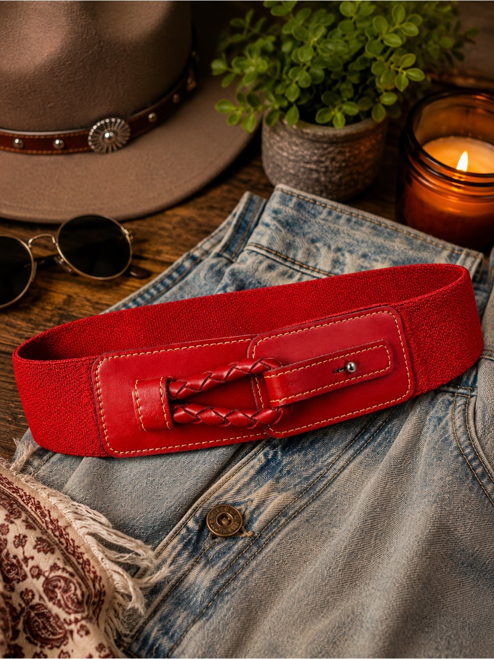 Vintage Calderon Red Leather Wide Elastic Stretch Cinch Belt Size M 1239